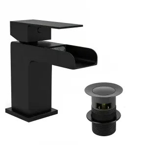 Matt Black Waterfall Basin Mono Mixer Tap Including Clicker Waste