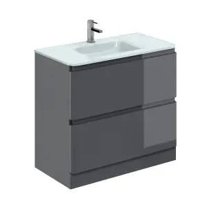 Marvel 900mm Floor Standing Bathroom Vanity Unit in Dark Grey Gloss with White Glass Basin