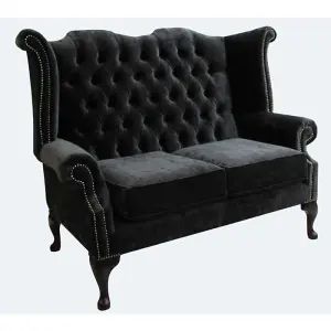 Chesterfield Handmade 2 Seater Sofa Modena Black Fabric In Queen Anne Style