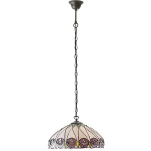 Tiffany Glass Hanging Ceiling Pendant Light Bronze & Round Rose Shade i00125