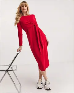 Outlet - Size 10 - Red Ribbed Wrap Midi Dress