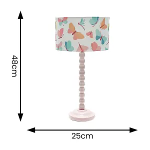 Rose Pink Bobbin Stem Table Lamp with Butterfly Drum Shade for Living Room Bedroom - LED Bulb Included