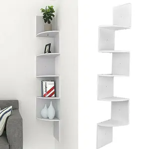 5 Tiers Wall Mount Corner DIY Wooden Shelf Floating - White