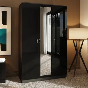 3 Door Triple Mirrored Wardrobe Black Gloss Scratch Resistant Bedroom Furniture