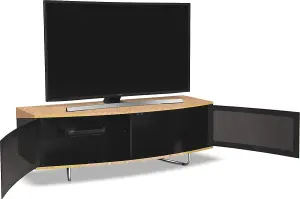 Homeology Caru Gloss Black and Oak Beam-Thru Remote Friendly Super-Contemporary "D" Shape Design up to 65" LED/OLED/LCD TV Cabinet