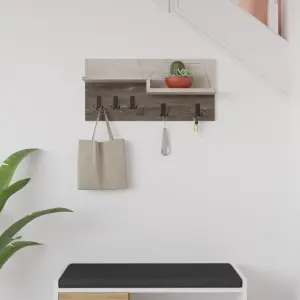 Decortie Harmon Modern Wall Mounted Coat Hanger with Open Shelf Gold Marble Dark Coffee 5 Black Metal Hooks