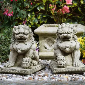 Pair of Foo Dog Stone Statues Oriental Lion Outdoor Garden Ornament Buddha Sculpture