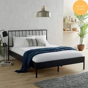 Home Source Odessa Small Double Black Metal Bed Frame with Headboard & 4ft Juno Mattress