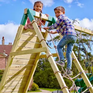 Rebo Challenge Wooden Climbing Frame with Swings, Slide and Up & over Climbing wall - Greenhorn