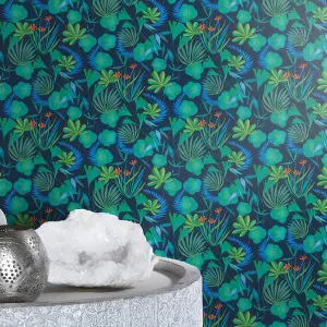 Rasch Botanical Leaves Navy Wallpaper Flowers Naturistic Paste The Wall Vinyl