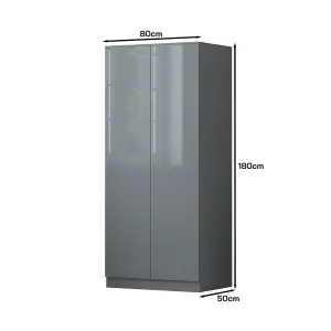 Grey Gloss 2 Door Double Wardrobe Push Open Soft Closing Bedroom Furniture