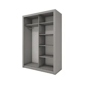 Modern Sliding Door Wardrobe with Mirror & Organiser Shelves in Grey (H2150mm x W1500mm x D600mm)