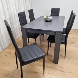 Dining Table and 6 Chairs  Black Dark Grey 6 Black Leather Chairs Wood Dining Set Furniture