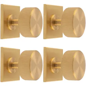 4 PACK - Reeded Radio Cabinet Door Knob & Matching Backplate Lined Satin Brass 40 x 40mm