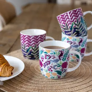 KitchenCraft Set of 4 Exotic Floral / Chevron Mugs