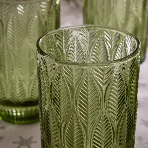 Set of 4 Vintage Luxury Green Trailing Leaf Drinking Tall Tumbler Glasses 450ml