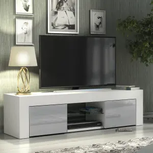 Loom TV Unit 130cm White & Grey with High Gloss Doors and LED Lighting - Creative Furniture