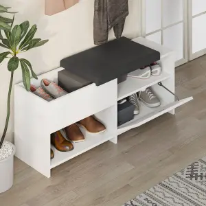 Decortie Modern Filux Shoe Bench Rack White Sliding Fabric Seat and 120.3(W) Storage Cabinet 2-Tier Open Shelves Hallway