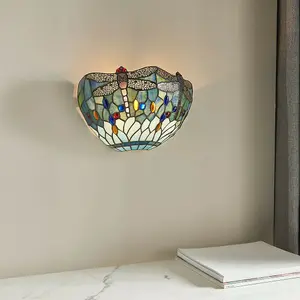 Tiffany Glass LED Wall Light - Dragonfly Design - Matt Black Finish - Dimmable