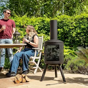 Black Maxima Chimenea - Metal Outdoor Garden Patio Log Wood Burner Fire Pit with Mesh Sides & 360 Flame View - H125 x 40cm