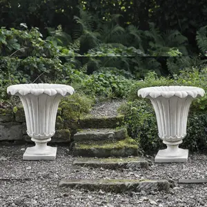 PAIR of GIANT Classic Ancient Greek  Fluted Vases in White Stone Cast Pots