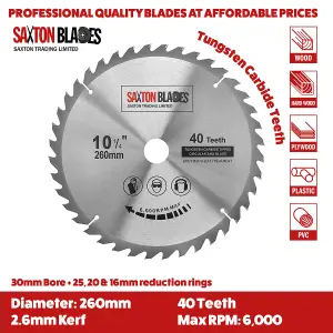 Saxton TCT26040T TCT Circular Saw Blade 260mm x 40T x 30mm Bore + 16, 20 and 25mm Reduction Rings