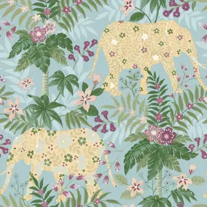 Galerie Into The Wild Metallic Blue Floral Elephant Wallpaper Roll