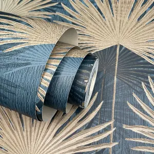 World of Wallpaper Calypso Leaf Wallpaper Blue/Gold (AF0009-BUR)