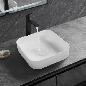 Square Rounded Corners White Ceramic Countertop Basin Bathroom Sink W 390 mm