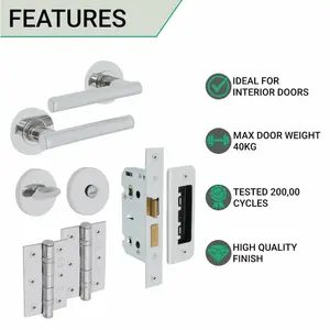 EAI Chrome Door Handle Bathroom T-Bar Lever on Rose Handles Bathroom Kit / Pack - 64mm Lock - 76mm Hinge - Polished Chrome