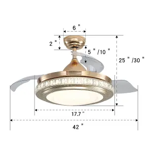 3 Blade Gold Round Crystal Diammable Ceiling Fan Light with Remote Control