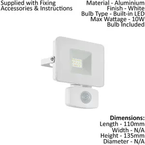 IP44 Outdoor Flood Light & PIR Sensor White Aluminium 10W Built in LED