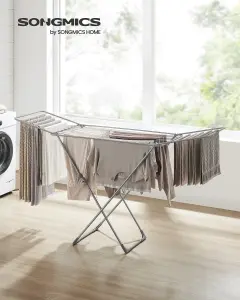 SONGMICS Clothes Airer, Foldable Clothes Drying Rack, Clothes Horse With Gullwings, Free-Standing Laundry Rack, Bed Linen Clothing