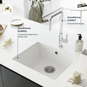 GoodHome Sorrel White Composite quartz 1 Bowl Kitchen sink 550mm x 460mm