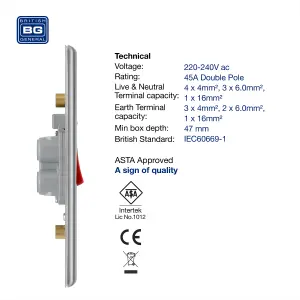 BG NBS72 Nexus Metal Brushed Steel Large Plate 45A 2 Pole Neon Cooker Switch