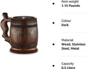 Handmade Large Oak Wooden Tankard Mug - Metal Lining, Amazing Craftsmanship, and Quality Materials - Heavy Duty & Long-Lasting Mug