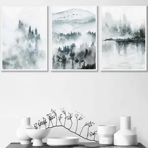 Set of 3 Teal Blue Abstract Forest Lake Wall Art Prints / 42x59cm (A2) / White Frame