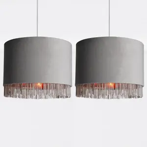 First Choice Lighting Set of 2 Grey Velvet With Copper Inner Tassled Light Shades