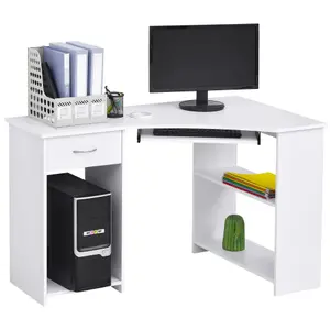 HOMCOM L-Shaped Corner Computer Desk w/ 2 Shelves Worktop Keyboard Tray White