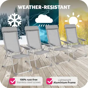 Garden Chairs Maurine - Set of 4, foldable, aluminium frame, adjustable backrest, head cushion - grey