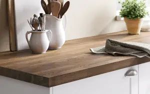 GoodHome 40mm Matt Stained Dark wood effect Solid oak Square edge Kitchen Island worktop, (L)1800mm