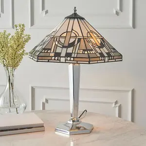 Tiffany Glass Table Lamp Light Polished Aluminium & Art Deco Hex Shade i00218