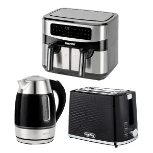 Geepas 1.7L Illuminating Electric Kettle, Opus 2 Slice Bread Toaster & 9L Dual Zone Air Fryer Kitchen Combo Set