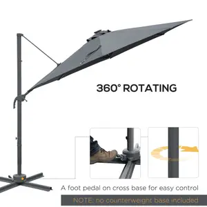 Outsunny 3(m) Cantilever Roma Parasol Patio Sun Umbrella with Crank & Tilt LED Solar Light Cross Base Outdoor, Dark Grey