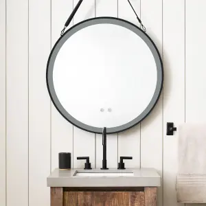 Livingandhome Round Metal LED Bathroom Mirror with Hanging Strap 800mm Dia