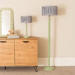 ValueLights Bobbins Sage Green Table Lamp with Ruched Pleated Blue Drum Lamp Shade and LED Bulb