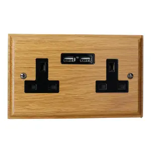 Varilight 2 Gang 13A Socket with USB Charging Ports Oak