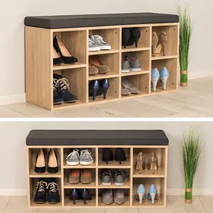 Shoe Rack - storage cabinet for 10 pairs of shoes, bench with seat cushion, 103.5 x 48 x 30 cm - dark grey/light oak