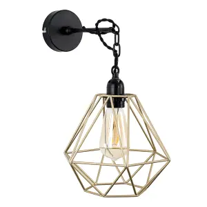 ValueLights Huber Satin Black Wall/Ceiling Light Fitting with Gold Metal Cage Shade and 4w LED Bulb In Warm White