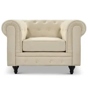 Velvet Chesterfield Arm Chair - Cream